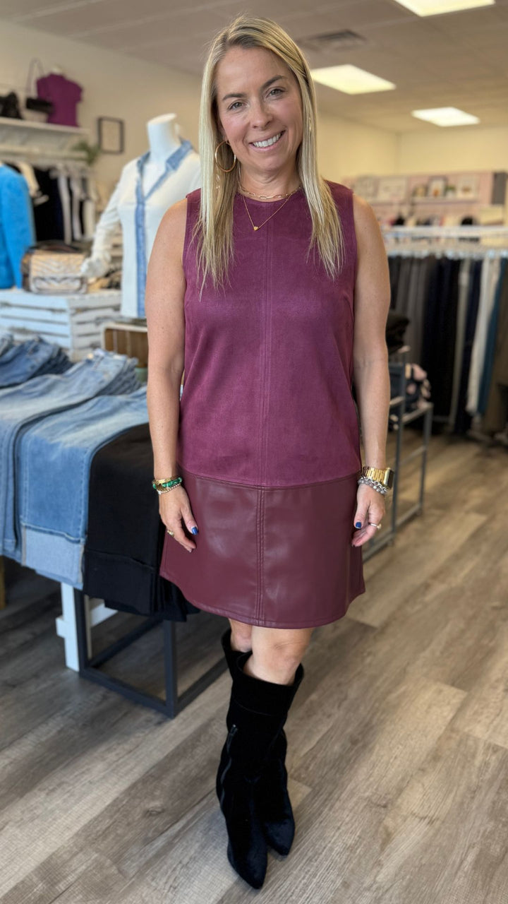 Burgundy Sleeveless Mixed Media Dress