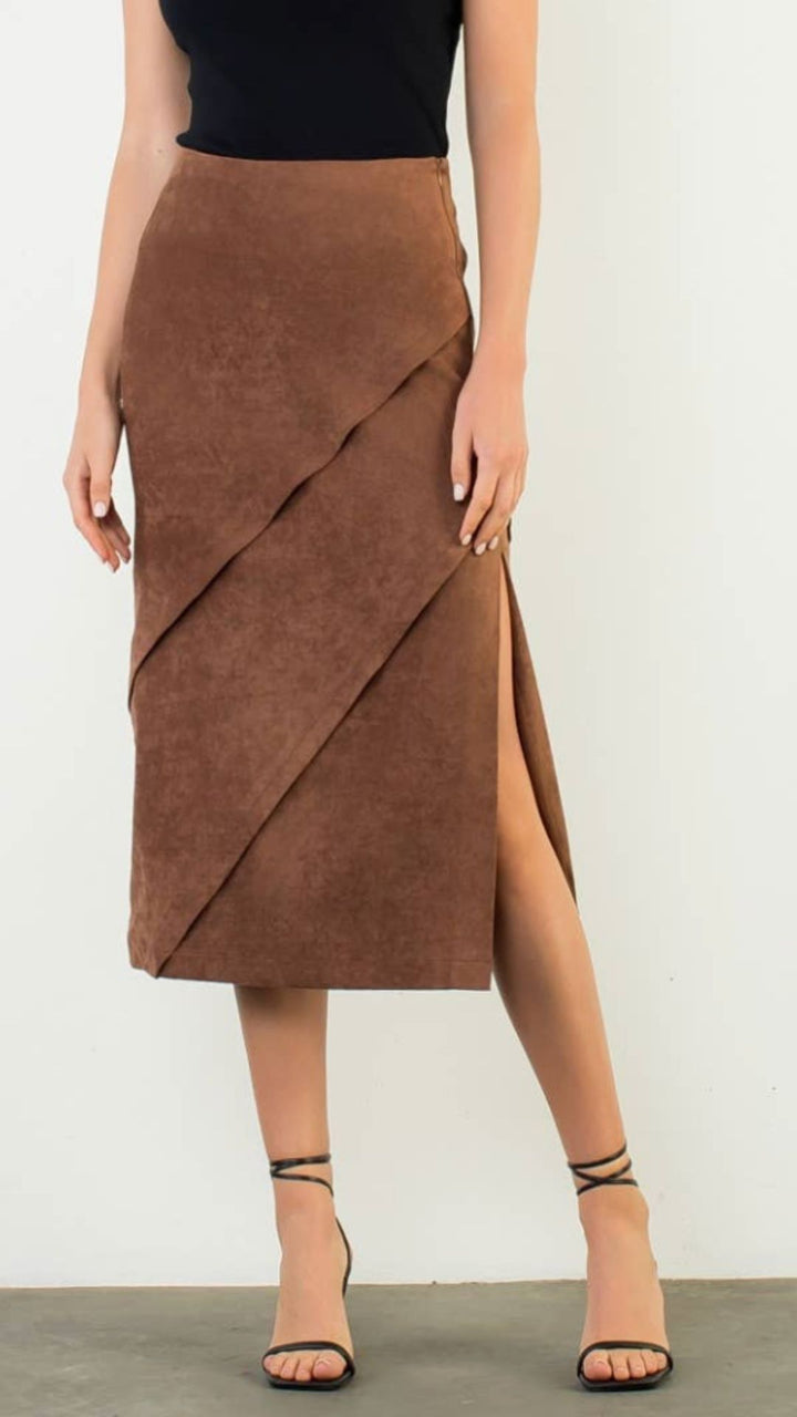 Brown Suede Wrap Detail Midi Skirt