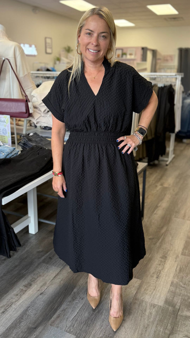 Textured Split Neck Smocked Waist Midi Dress