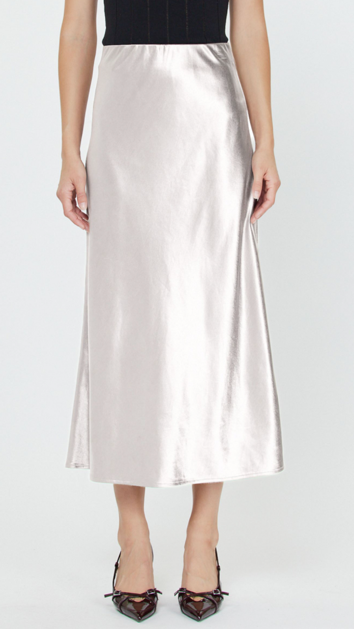 Silver Metallic Silk Midi Skirt