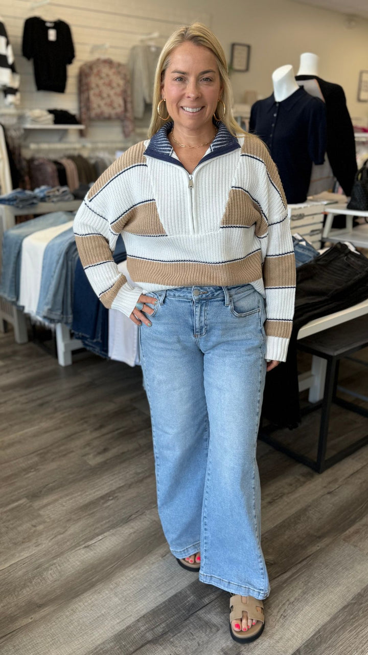 Camel Quarter Zip Colorblock Sweater