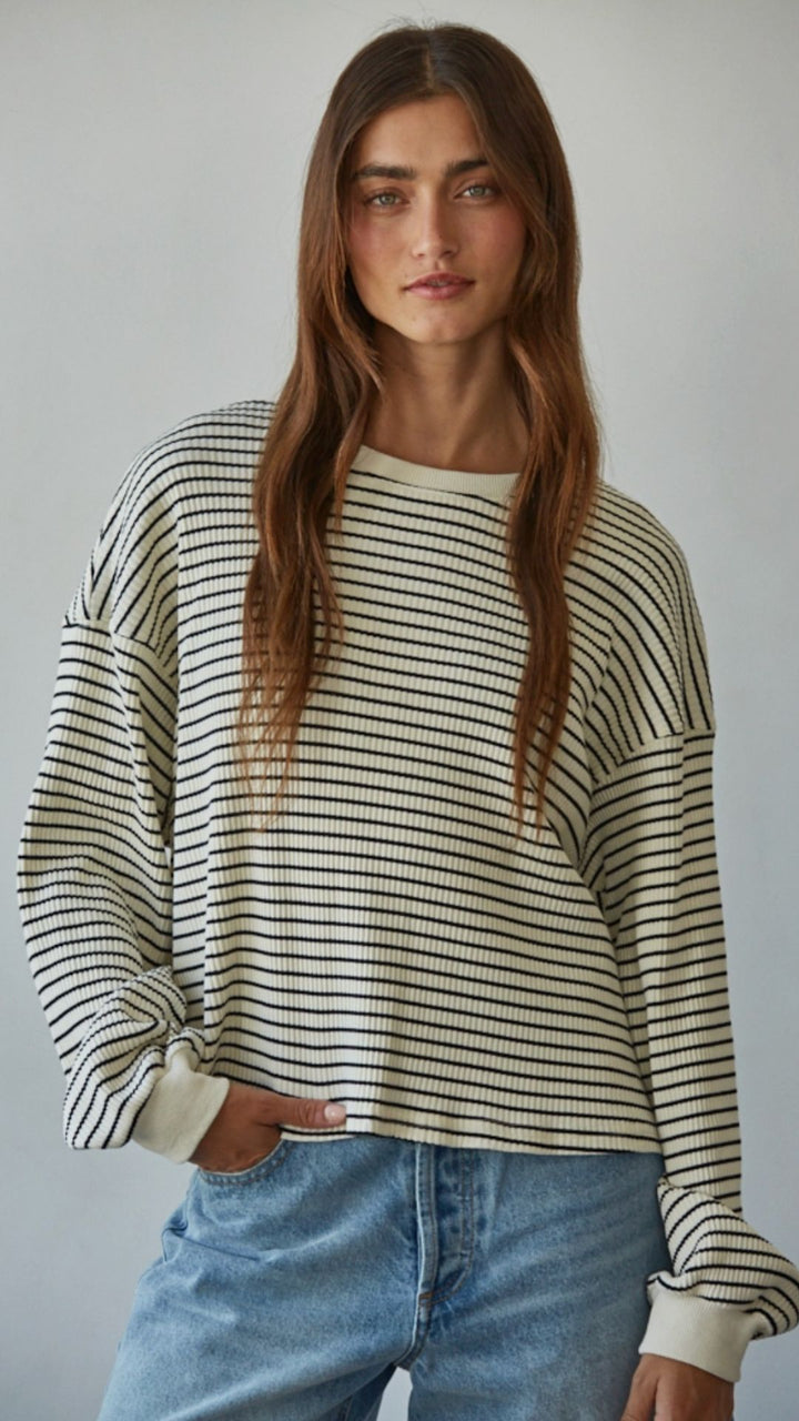 Cream And Black Oversized Crew Neck Long Sleeve