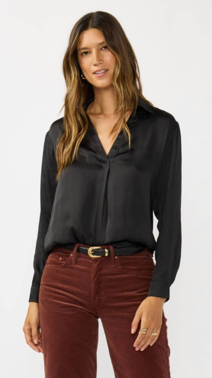 Black Split Neck Satin Blouse