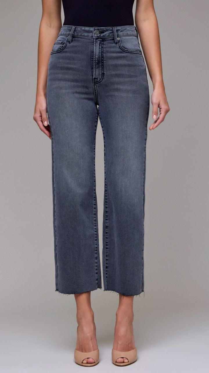 High Rise Grey Wash Cropped Classic Straight Jeans