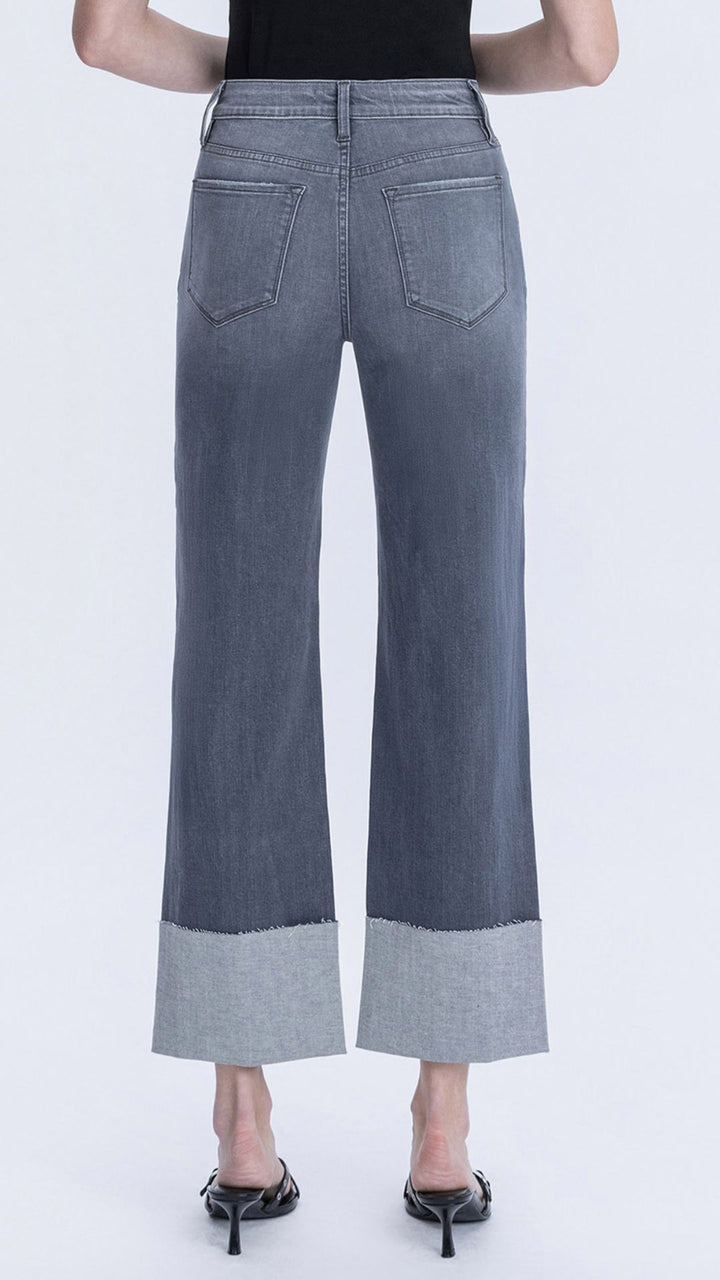 High Rise Dark Gray Cuffed Slim Wide Leg Jeans