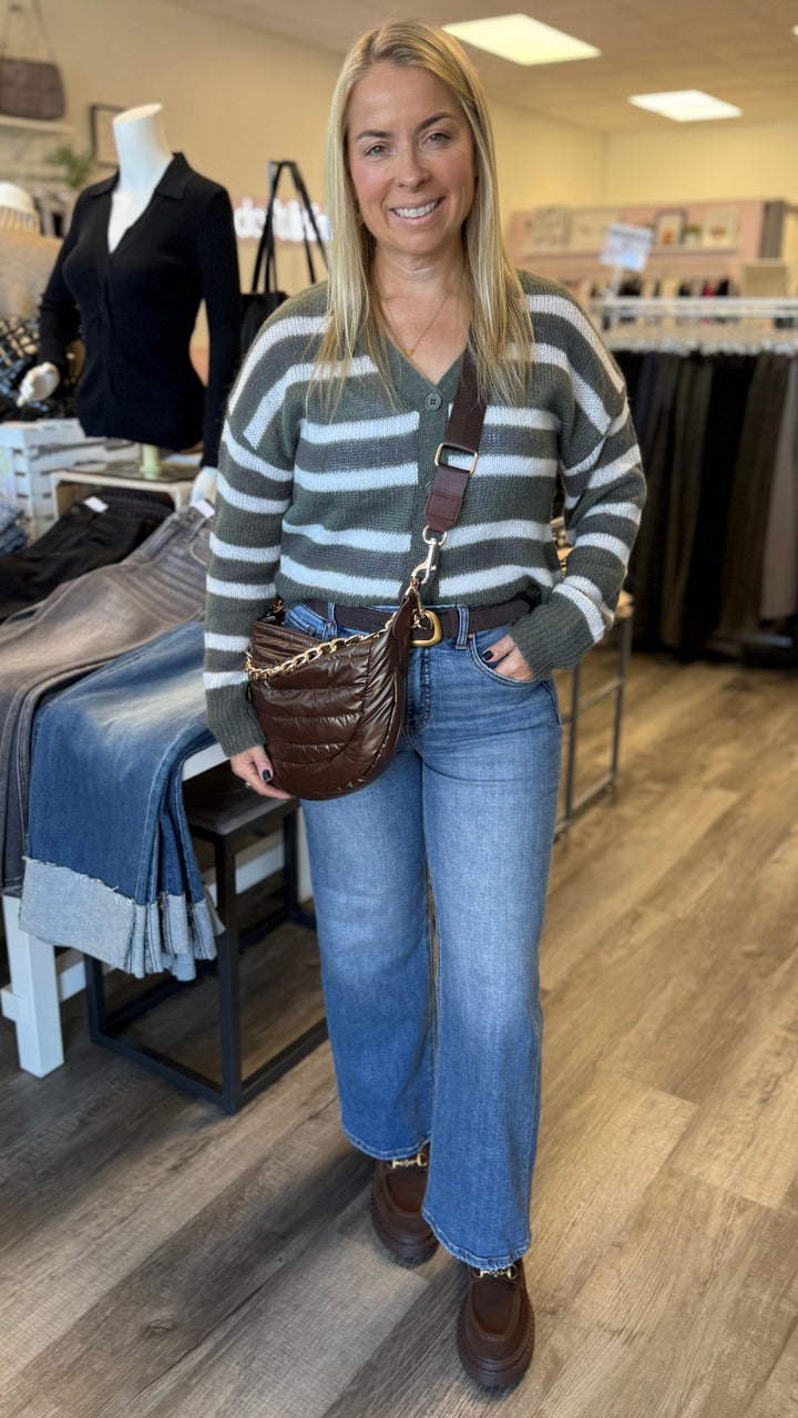 Olive Multi Stripe Crop Cardigan Sweater