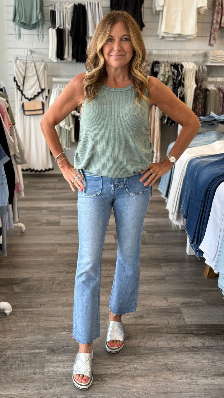 High Rise Medium Wash Patch Pocket Kick Flare Jeans