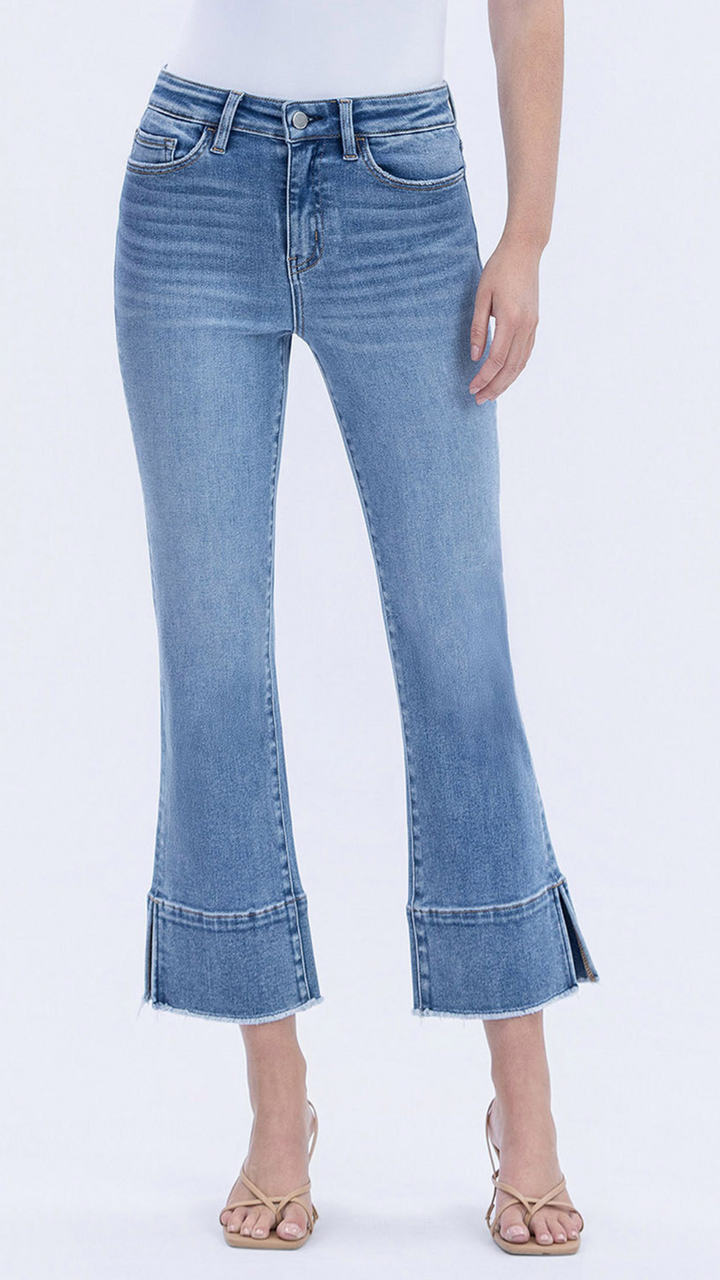 High Rise Medium Wash Trouser Slit Hem Kick Flare Jeans
