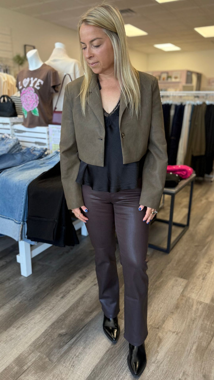 Olive Faux Leather Cropped Blazer