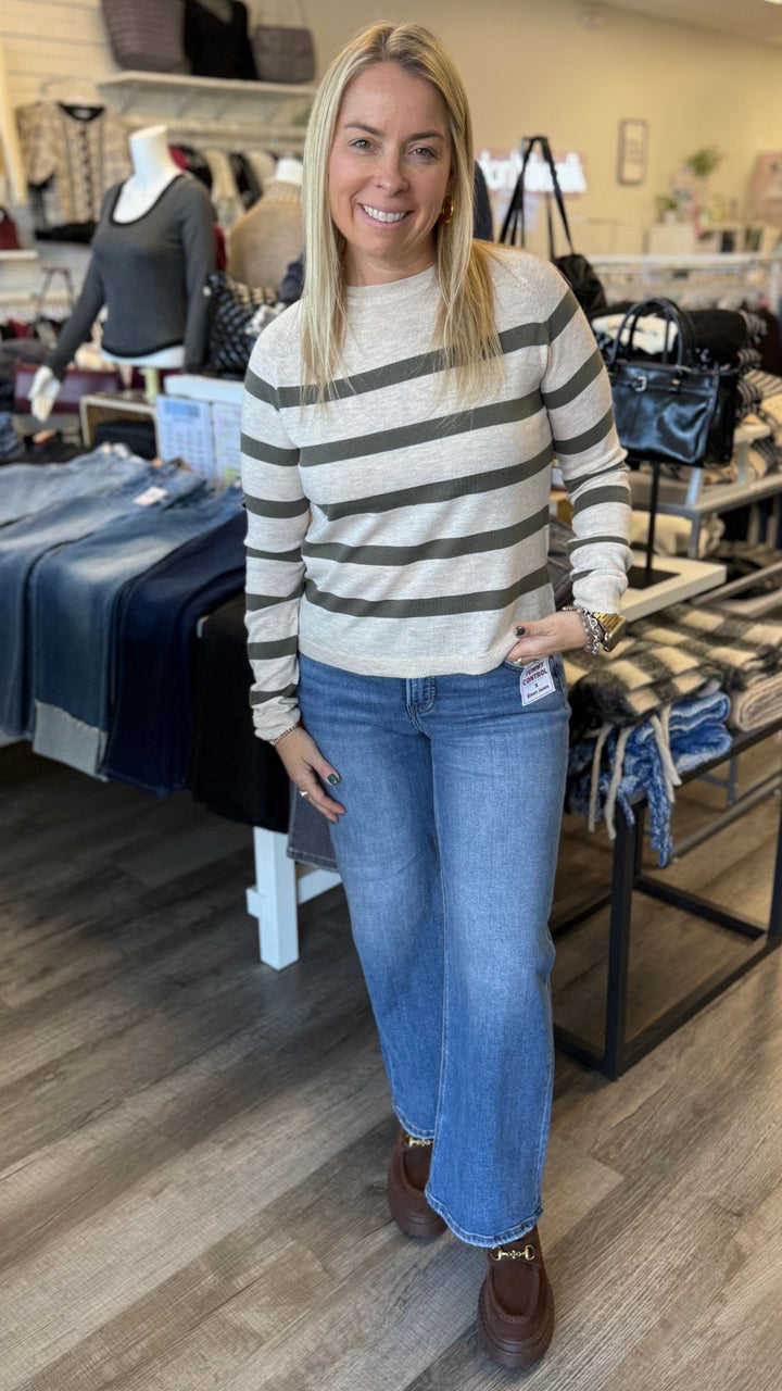 Olive And Oatmeal Striped Round Neck Top