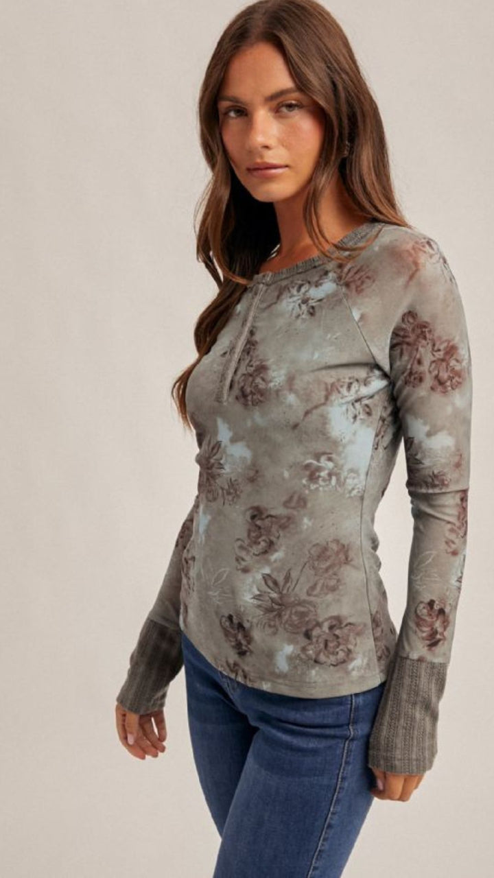 Mesh Floral Print Henley Top