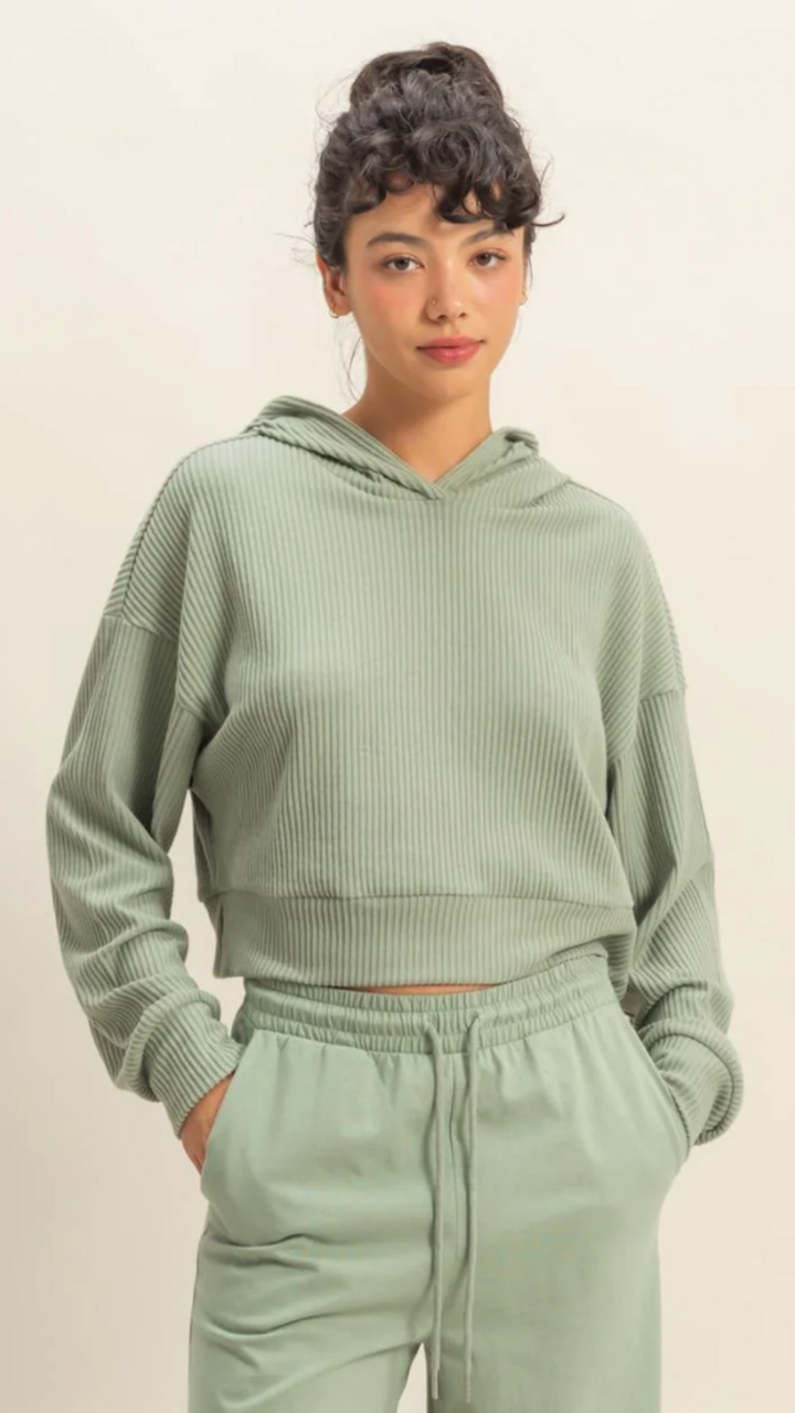 Sage Green Drop Shoulder Casual Cropped Ribbed Hoodie