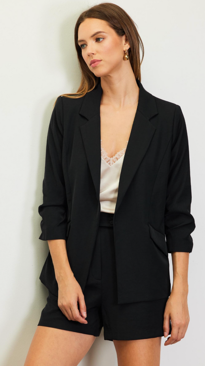 Black Shirred Sleeve Blazer