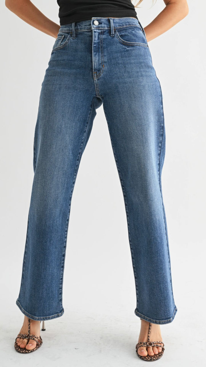 Mid Rise Medium Wash Full Length Straight Jeans