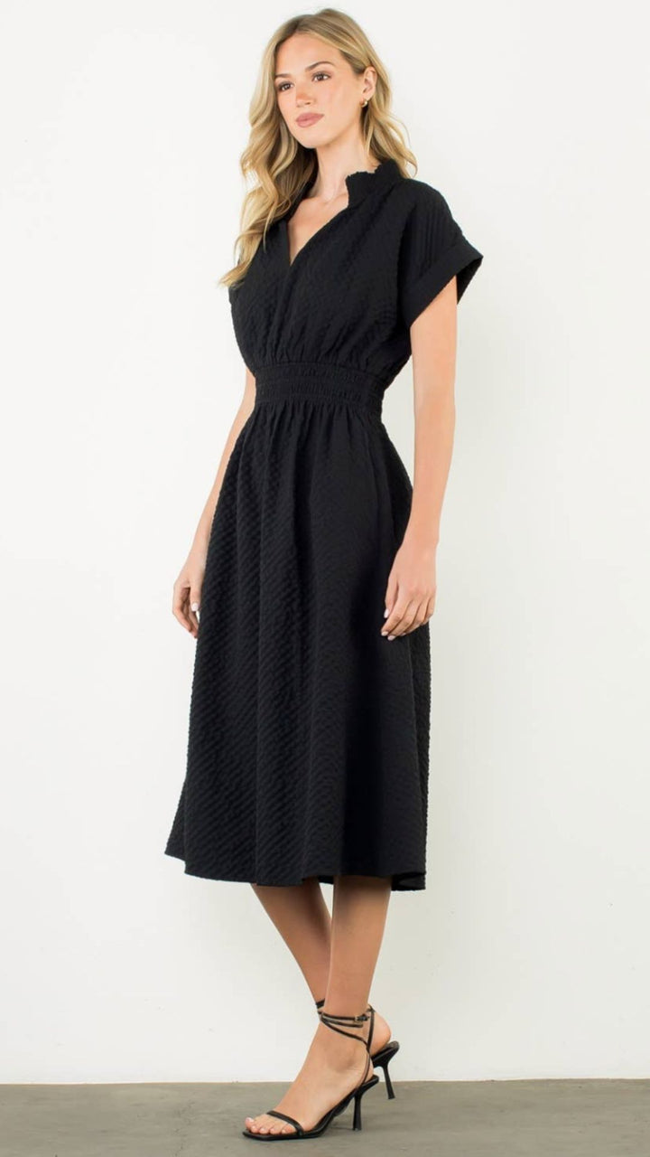 Textured Split Neck Smocked Waist Midi Dress