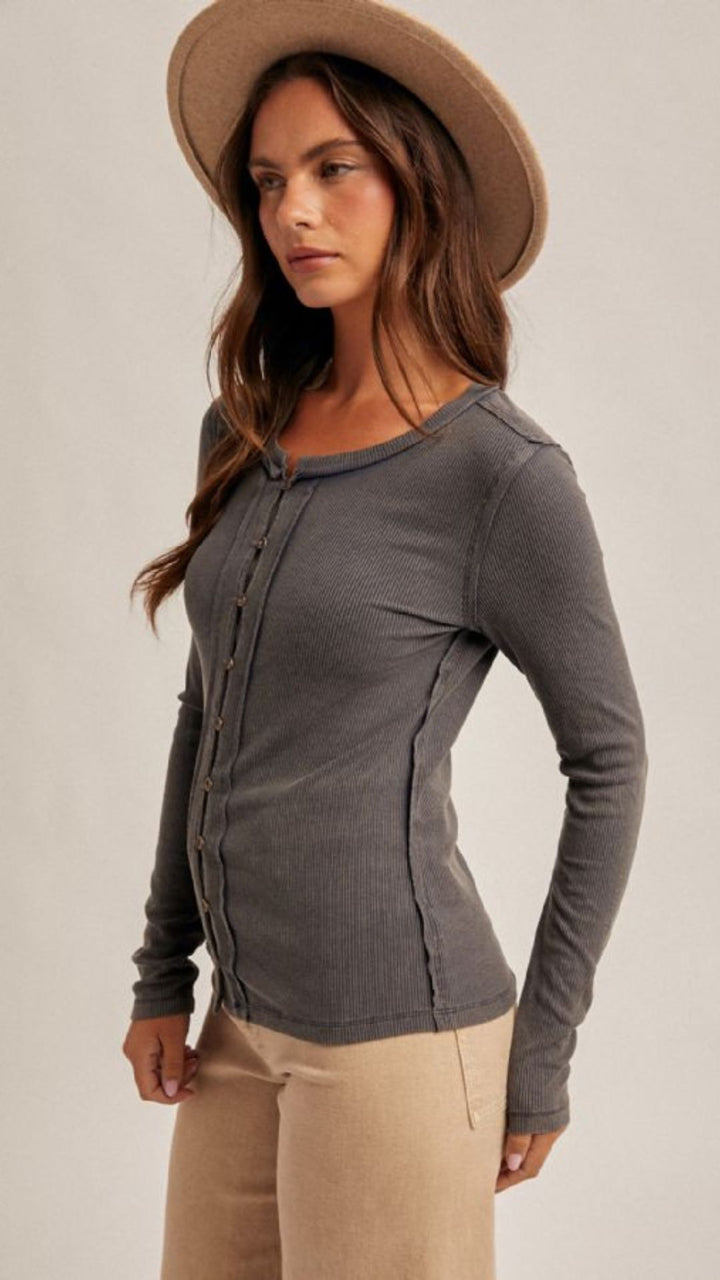 Teal Snow Wash Rib Button Down Long Sleeve