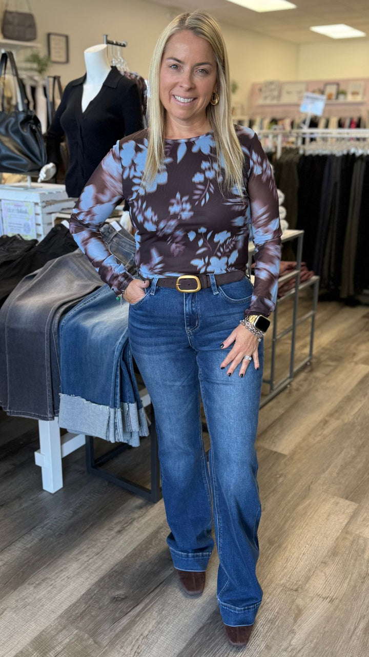 High Rise Dark Wash Trouser Hem Relaxed Flared Full Length Jeans