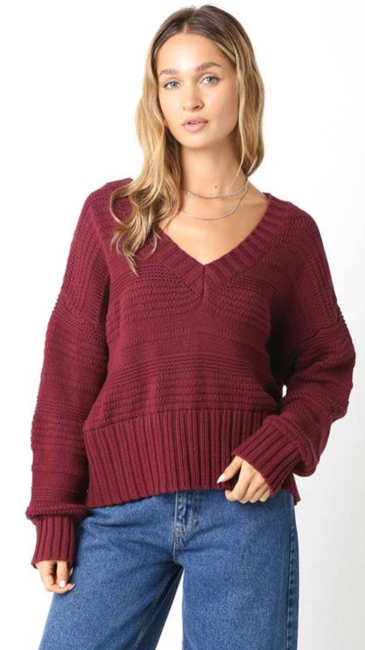 Burgundy Chunky V Neck Sweater