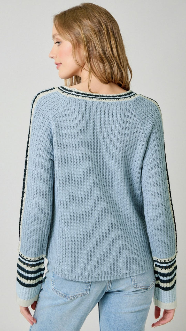 Soft Blue Raglan Sleeve Trim Detail Sweater Top