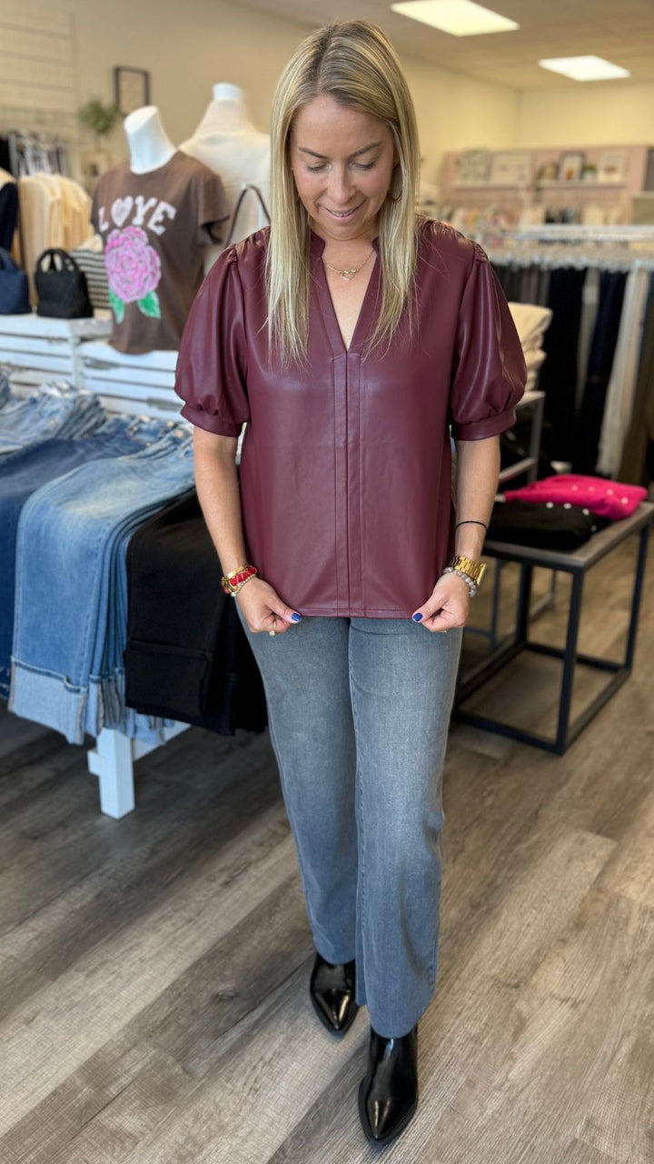 Burgundy Puff Sleeve Leather Top