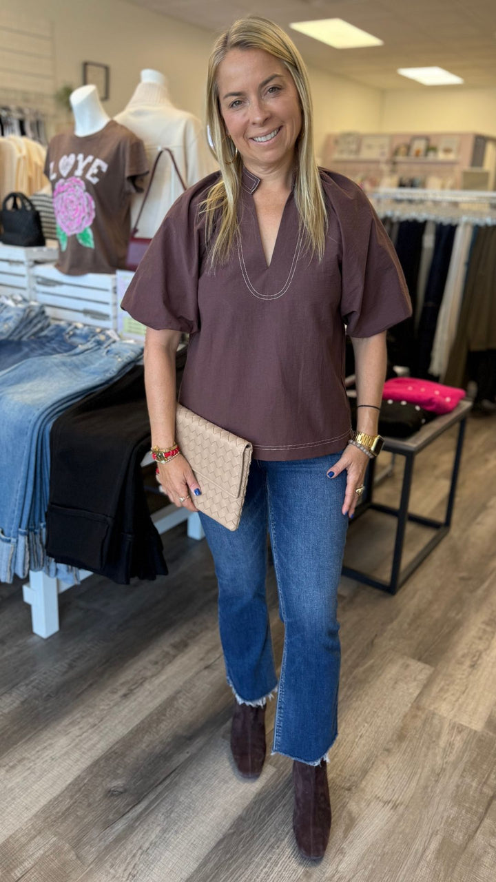 Contrast Stitch Puff Sleeve Blouse