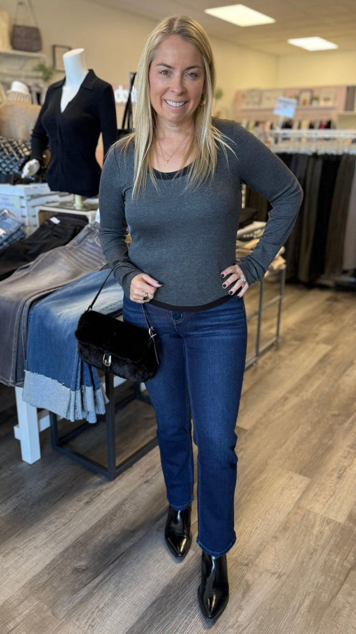 Mid Rise Dark Wash Ankle Slim Straight Jeans