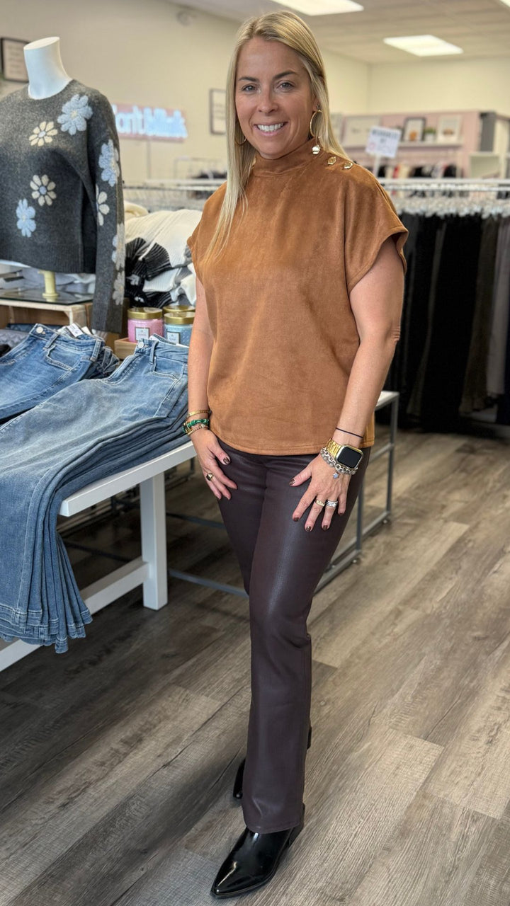 Camel Button Detail Short Sleeve Suede Top