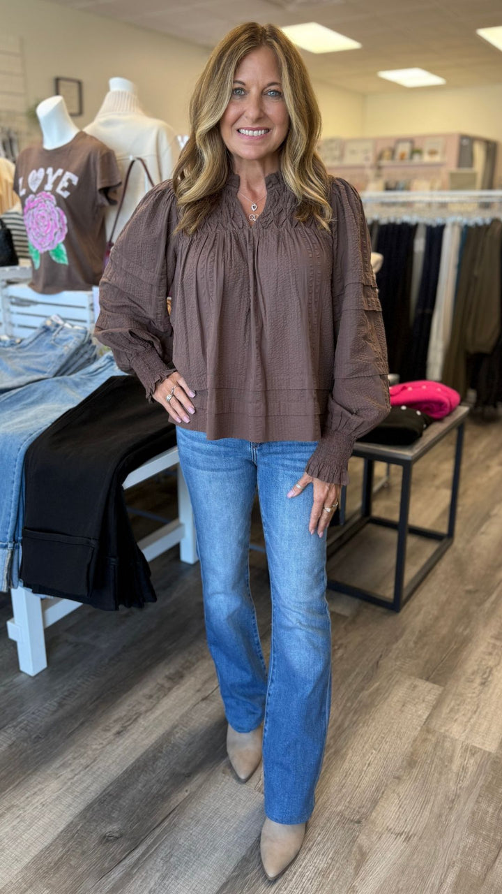 Smocked Cuff Textured Long Sleeve Blouse