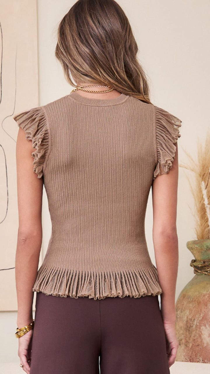 Taupe Flutter Sleeve Sweater Knit Top