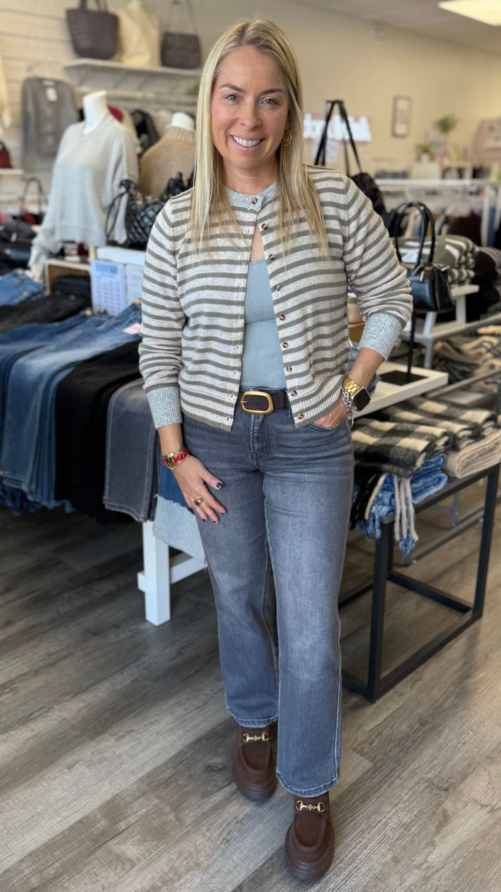 Olive And Gray Striped Pattern Button Front Cardigan