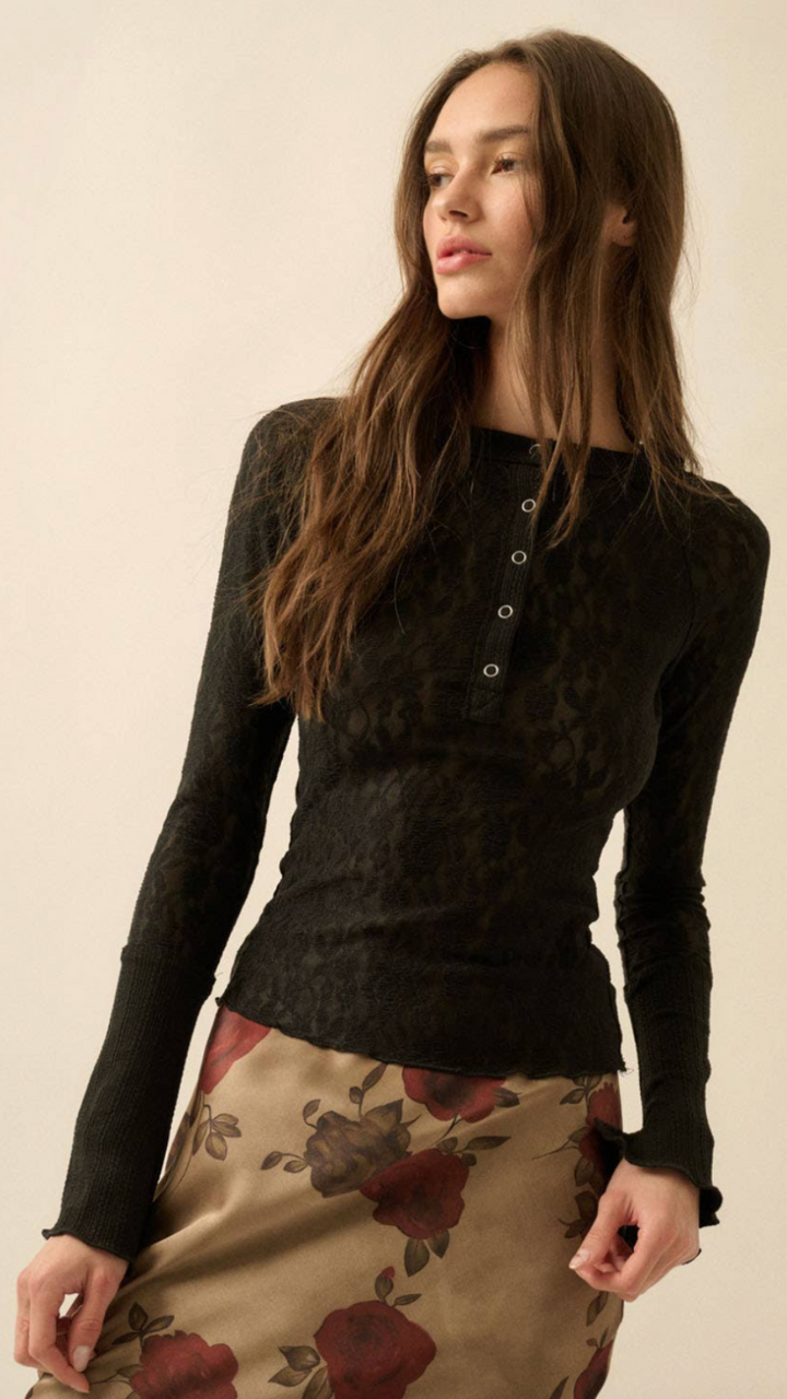 Floral Lace Raglan Sleeve Henley Top