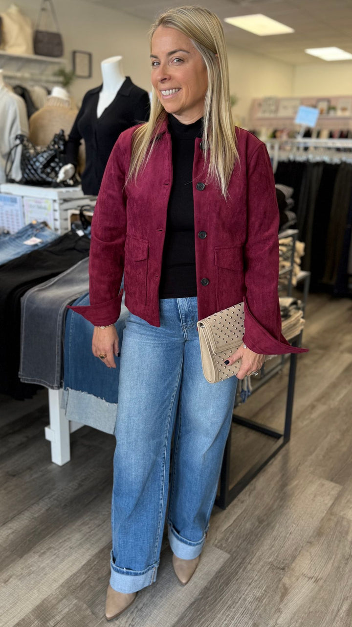 Burgundy Suede Buttoned Jacket