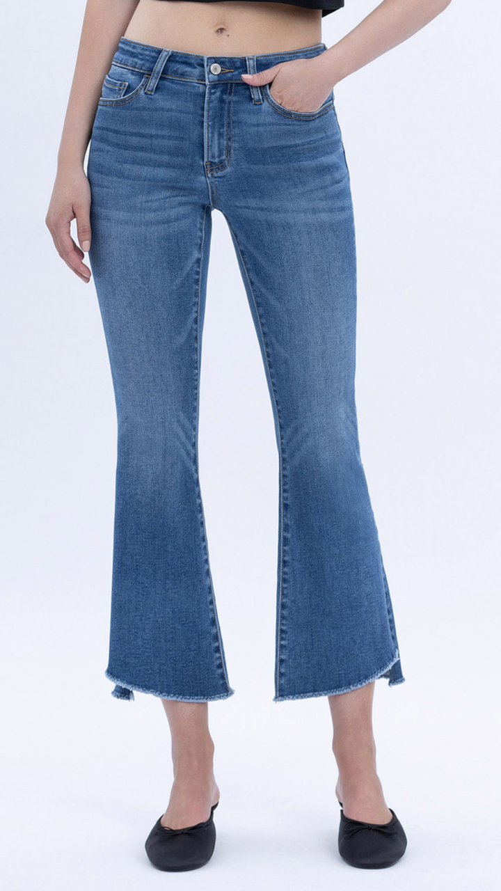 Mid Rise Medium Wash Super Soft Crop Flare Jeans