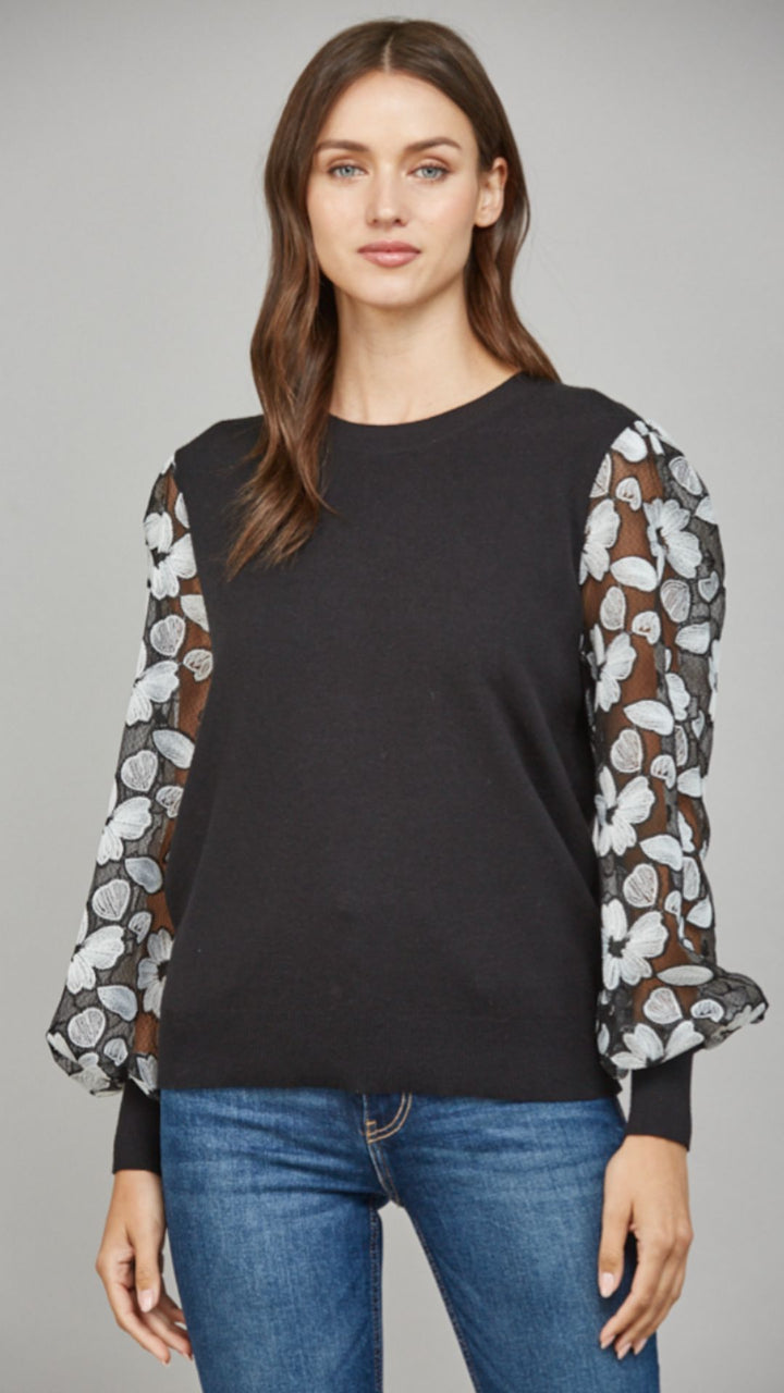 Contrast Embellished Sleeve Crew Neck Sweater