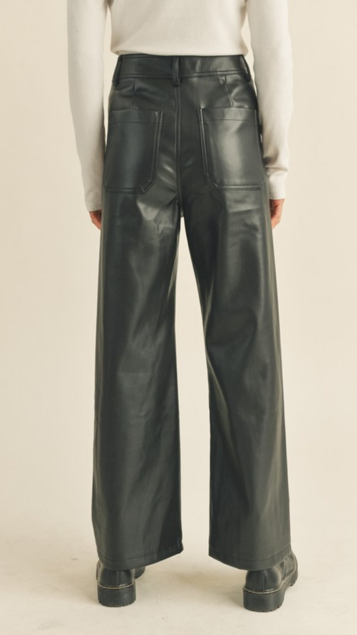 Faux Leather Front Pocket Wide Leg Pants