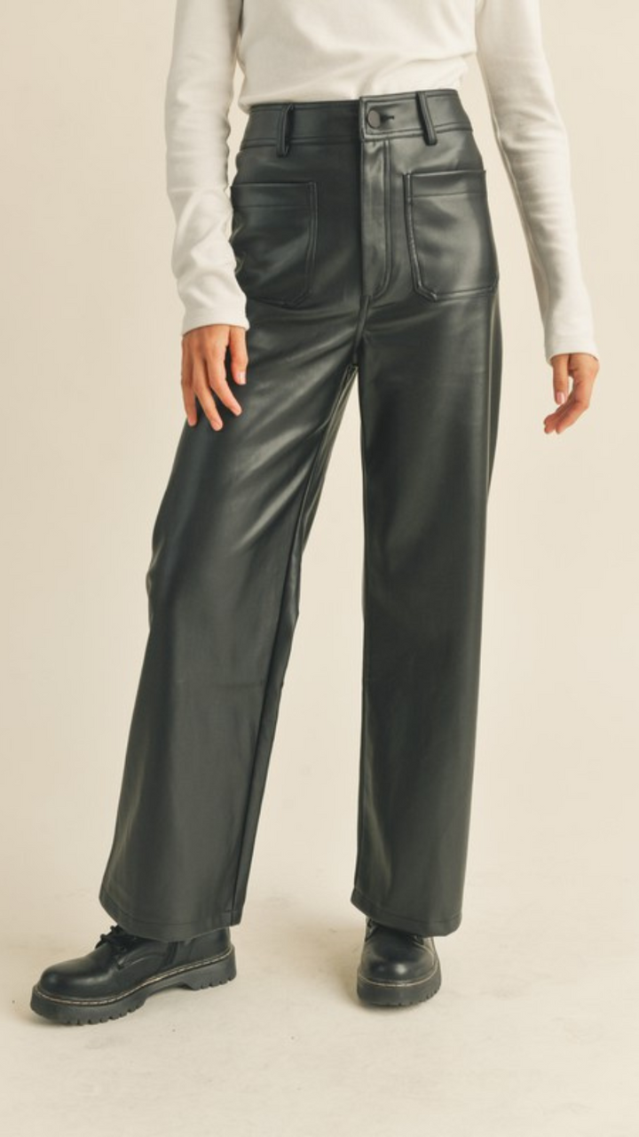 Faux Leather Front Pocket Wide Leg Pants