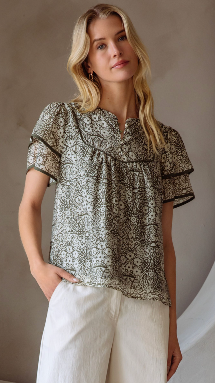 Ruffled Sleeve Printed Blouse