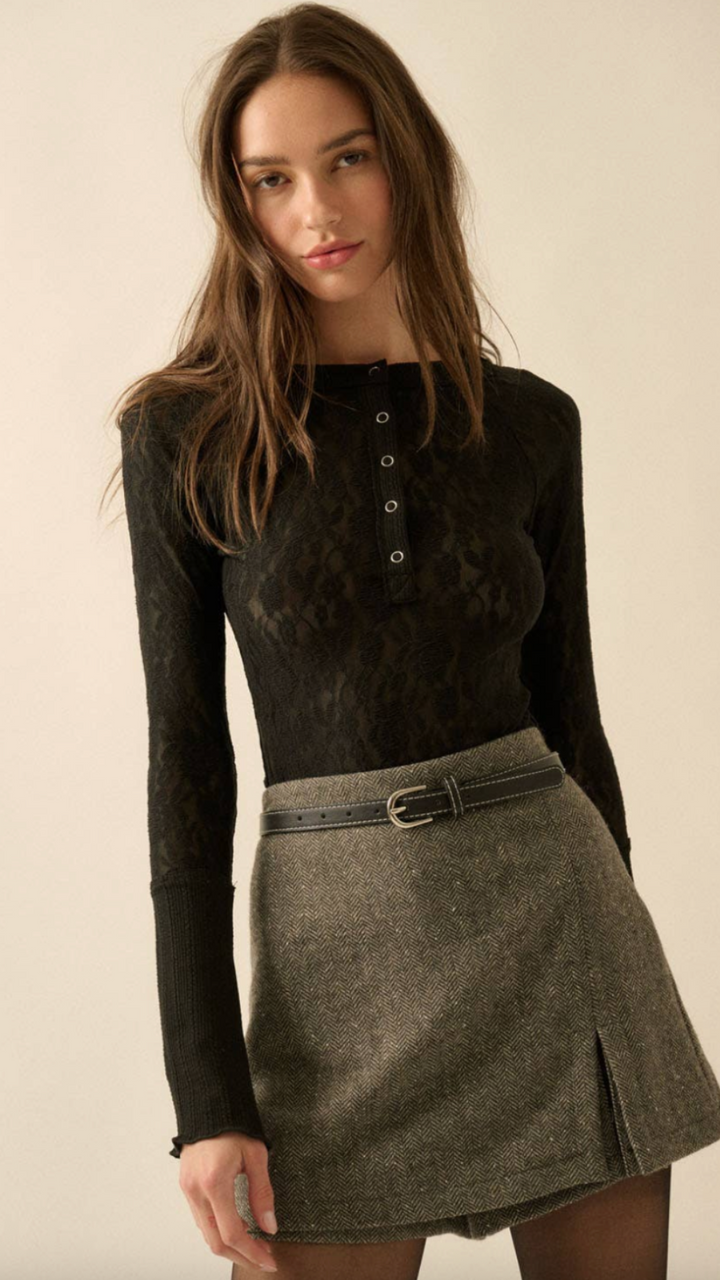 Floral Lace Raglan Sleeve Henley Top