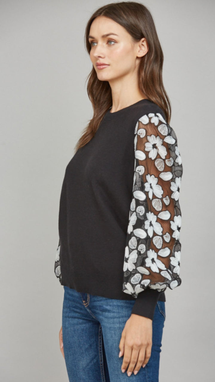 Contrast Embellished Sleeve Crew Neck Sweater
