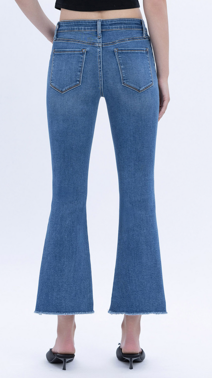 Mid Rise Medium Wash Super Soft Crop Flare Jeans
