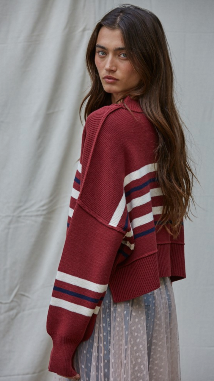 Burgundy Striped Pullover Sweater