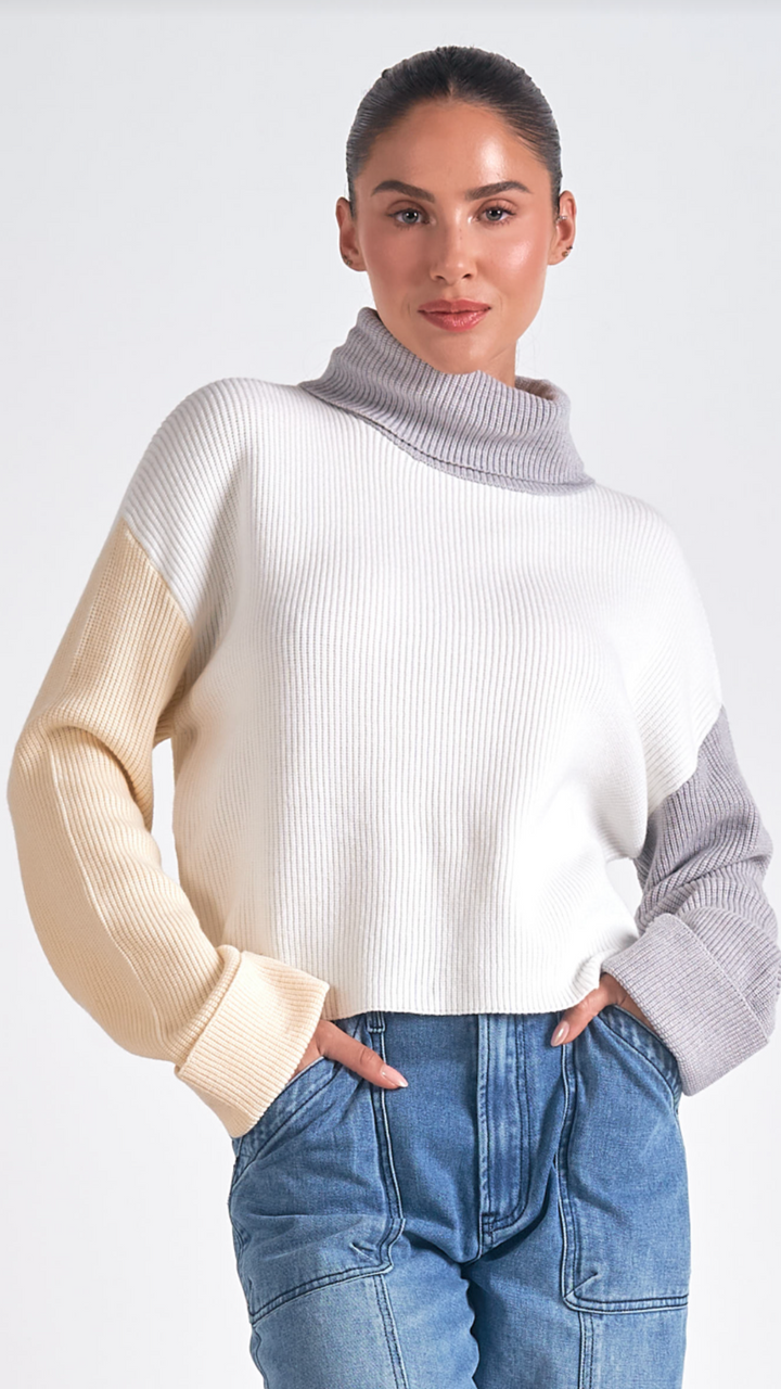 Colorblock Mock Neck Sweater