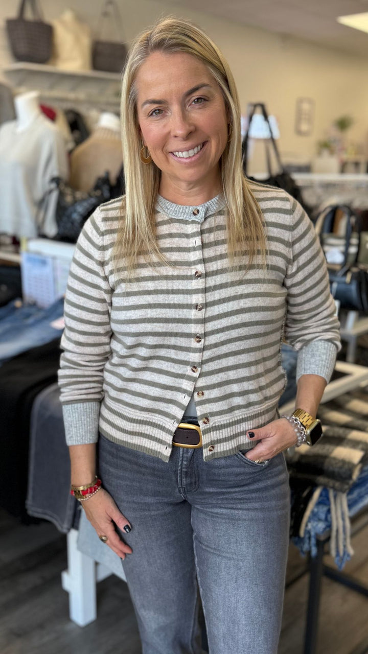 Olive And Gray Striped Pattern Button Front Cardigan