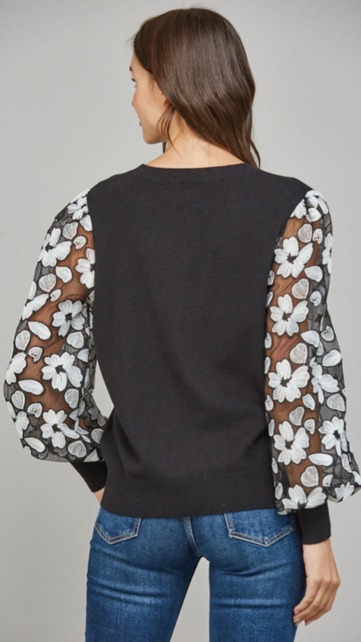 Contrast Embellished Sleeve Crew Neck Sweater