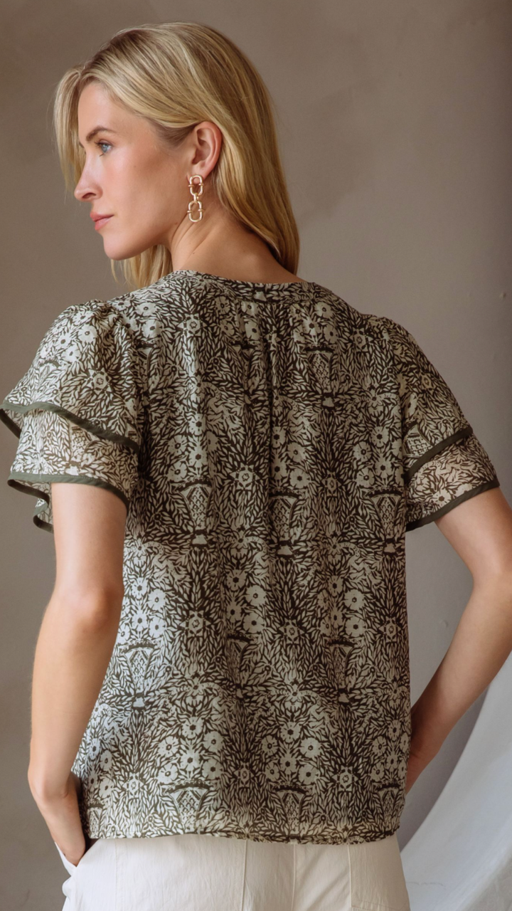 Ruffled Sleeve Printed Blouse