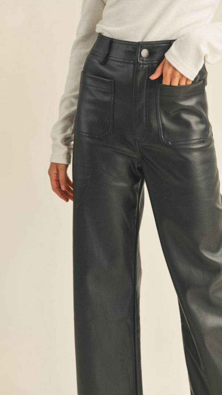 Faux Leather Front Pocket Wide Leg Pants