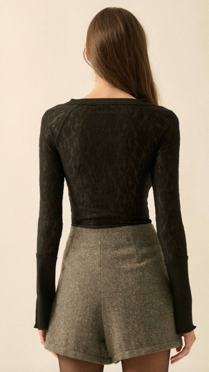 Floral Lace Raglan Sleeve Henley Top