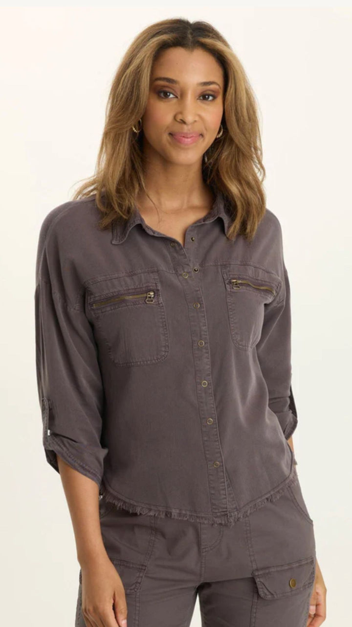 Charcoal Knapp Distressed Cargo Button Up Top
