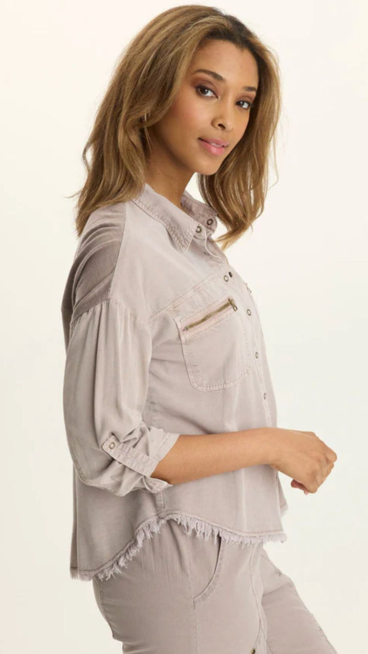 Foxglove Pigment Knapp Distressed Cargo Button Up Top