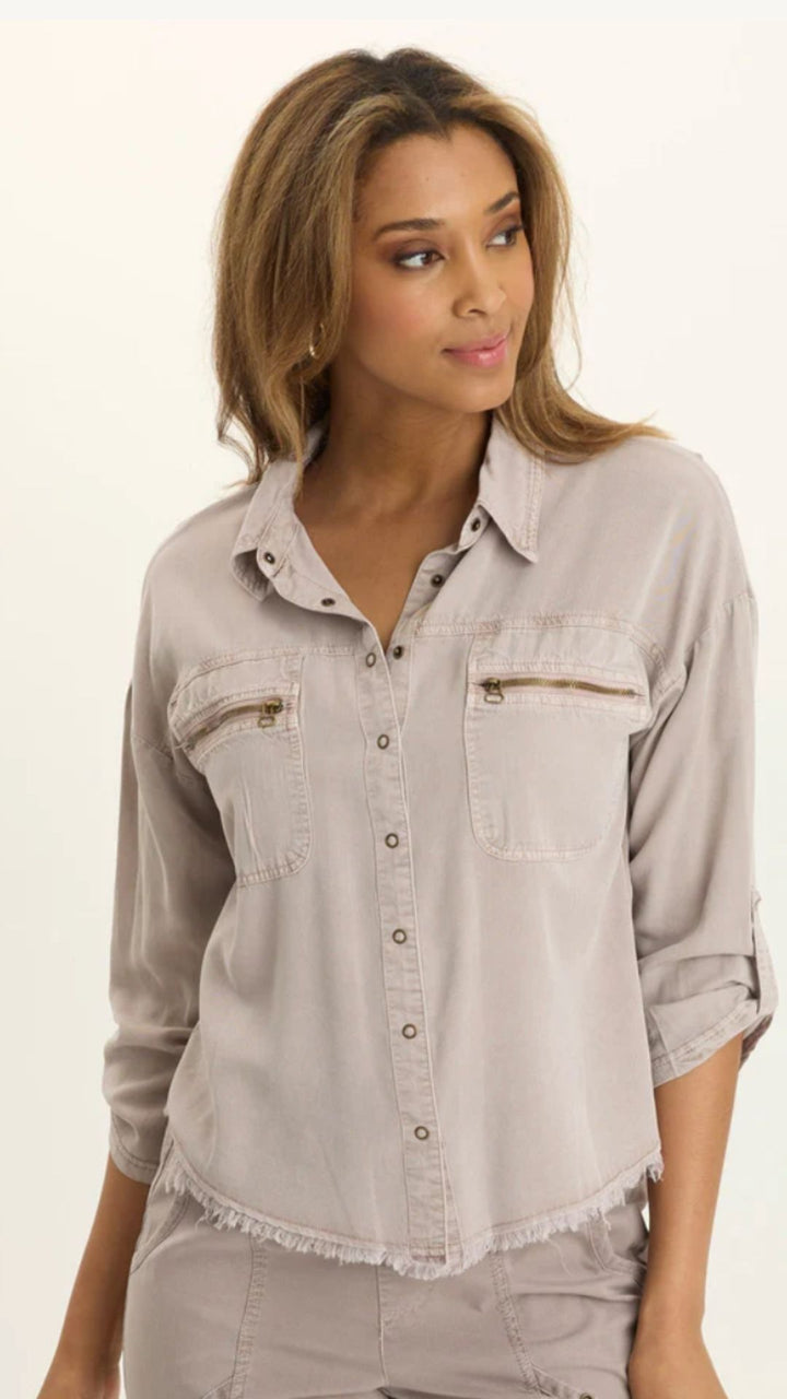 Foxglove Pigment Knapp Distressed Cargo Button Up Top